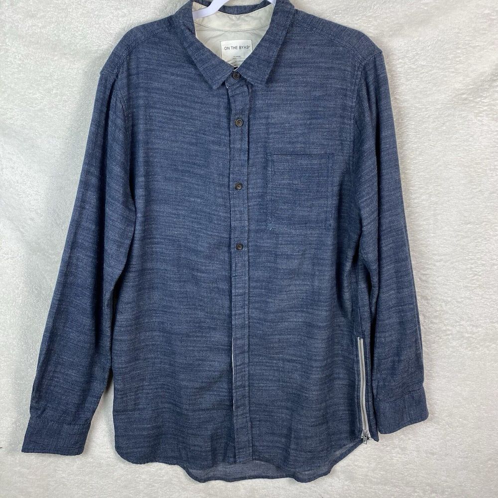 On The Byas Shirt Mens X-Large Blue Flannel‎ Hidden Button Up Long Sleeve